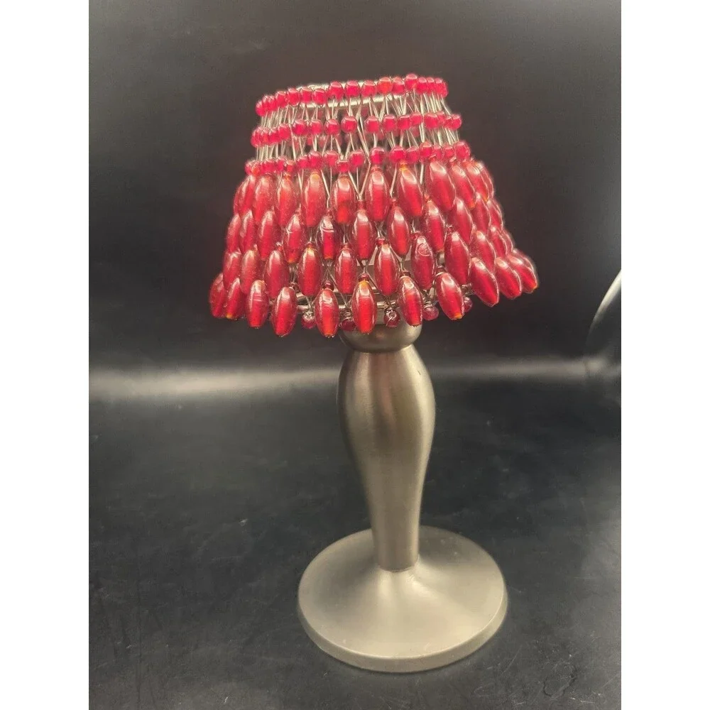 Vtg Pottery Barn Candle Holder Merlot Red Crimson Beaded Shade Fairy Light Lamp